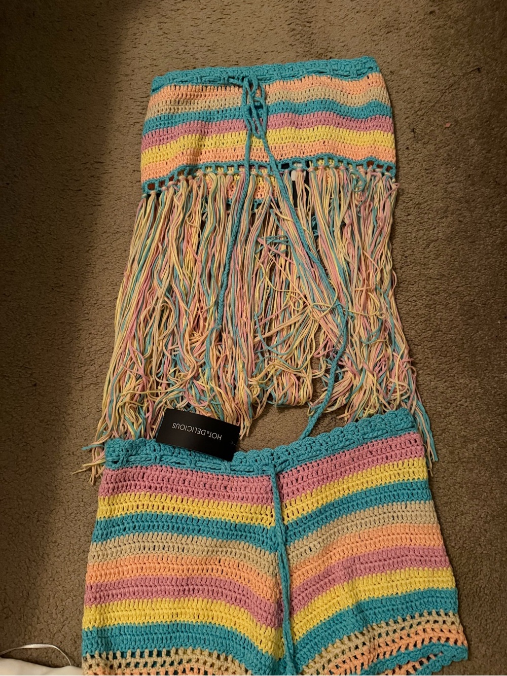 Hot & Delicious Pastel Striped Crochet Fringe Shorts